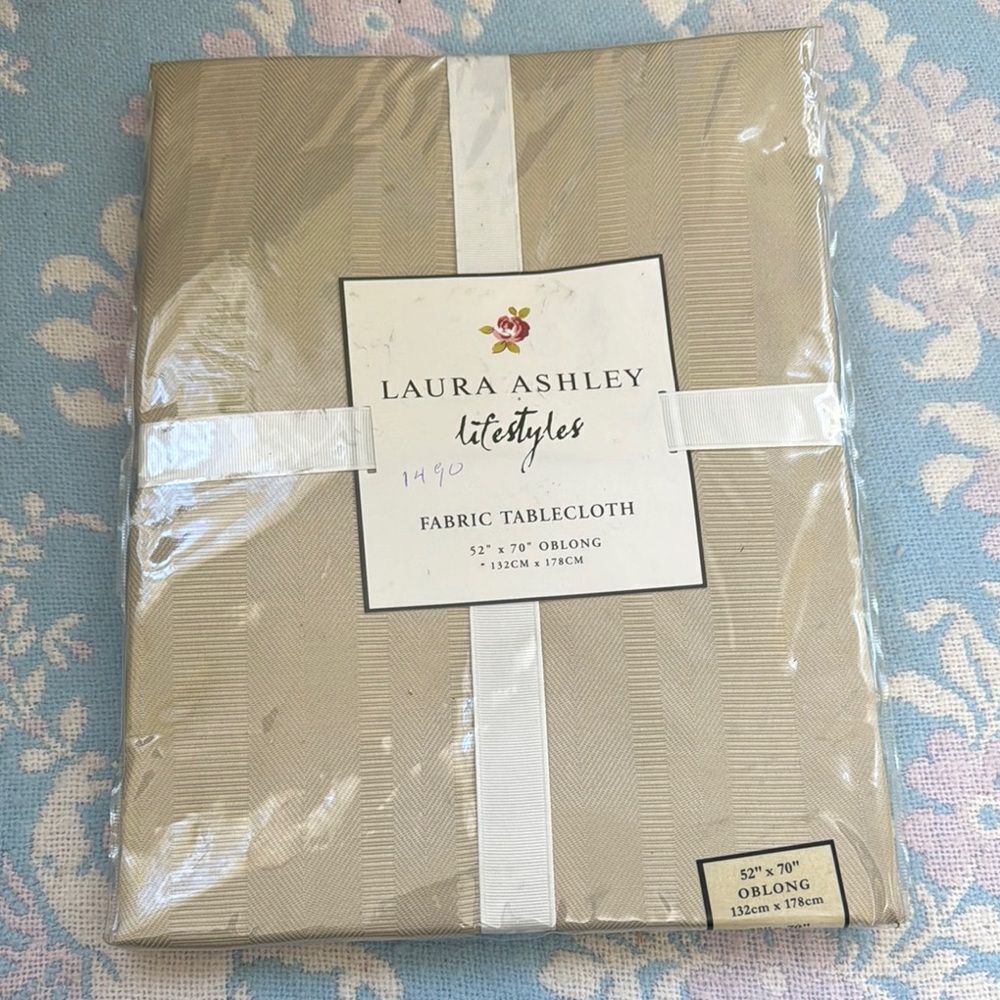 NEW Laura Ashley Beige Fabric Tablecloth 52x70” Oblong